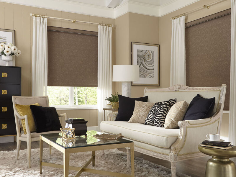 Acrylic with Brass Room Arlington Roller Shades and Select Metal Acrylic Poles and Accessories